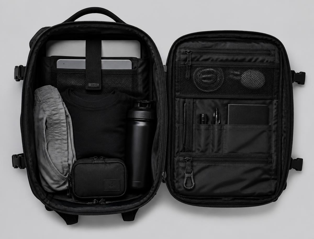Interior de la mochila táctica con compartimentos independientes organizados